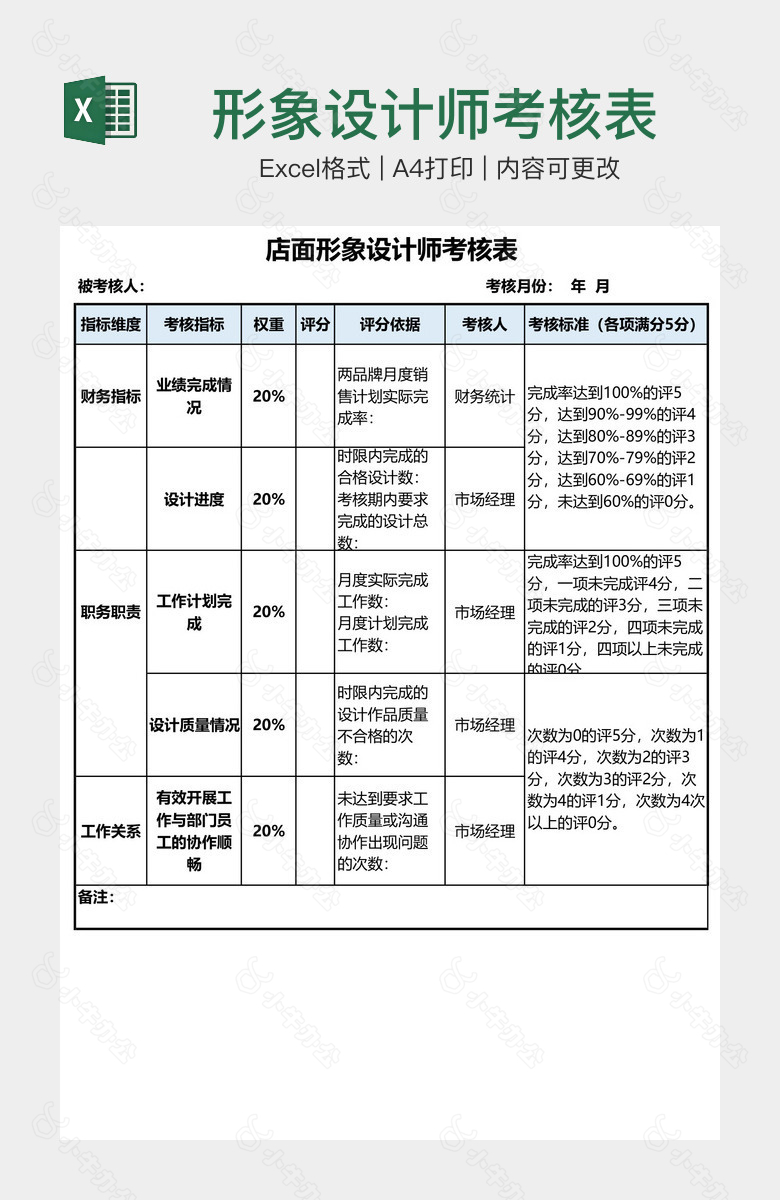 形象设计师考核表