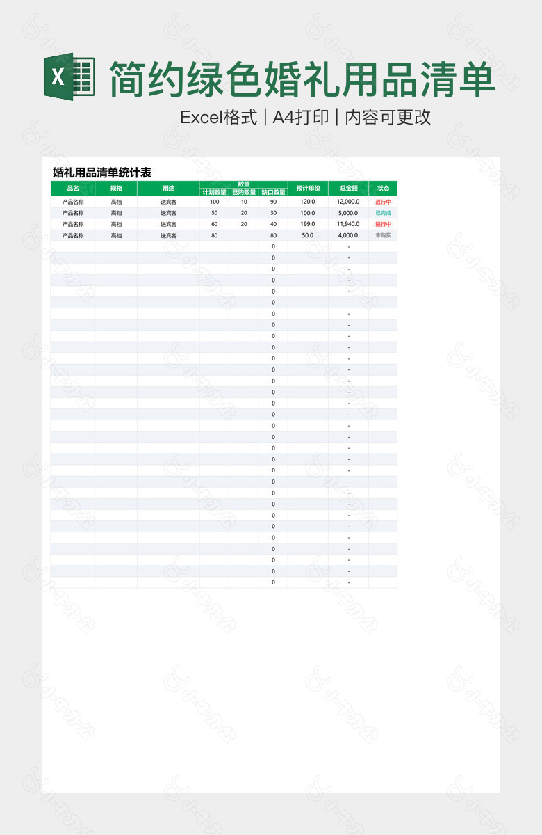 简约绿色婚礼用品清单统计表