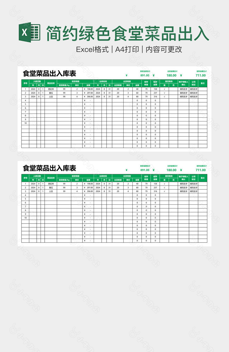 简约绿色食堂菜品出入库表