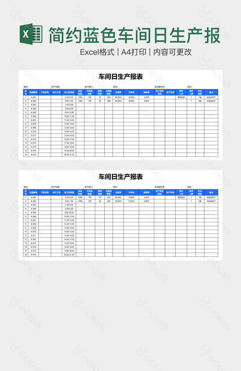 简约蓝色车间日生产报表