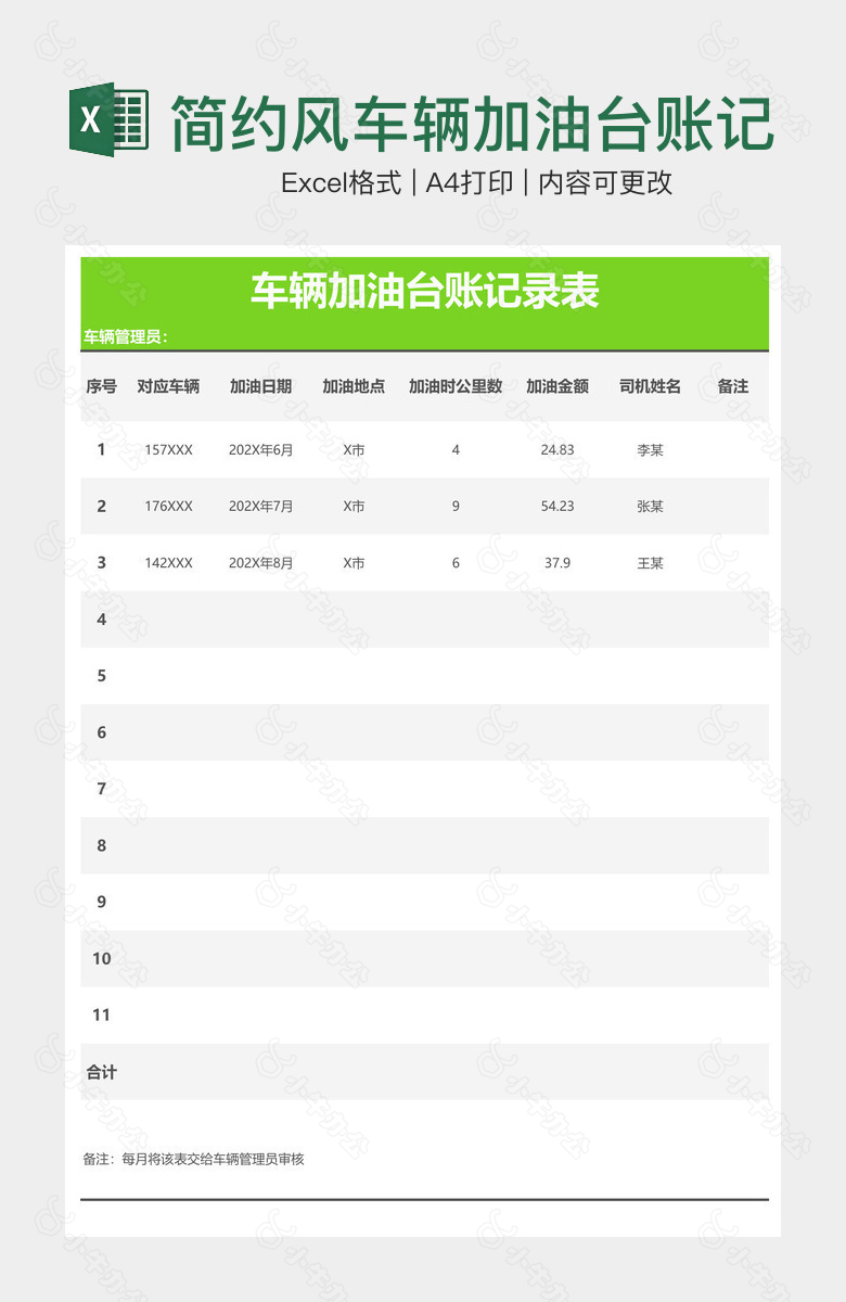 简约风车辆加油台账记录表