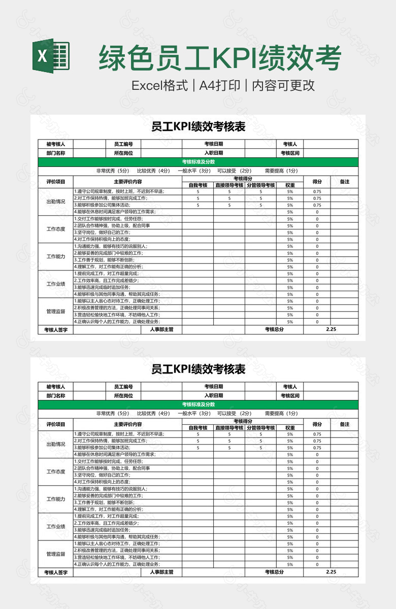 绿色员工KPI绩效考核表