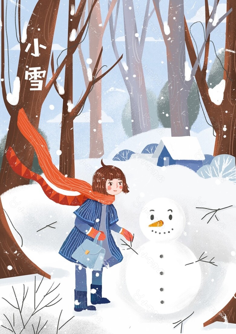 小雪时节手绘冬日堆雪人插画