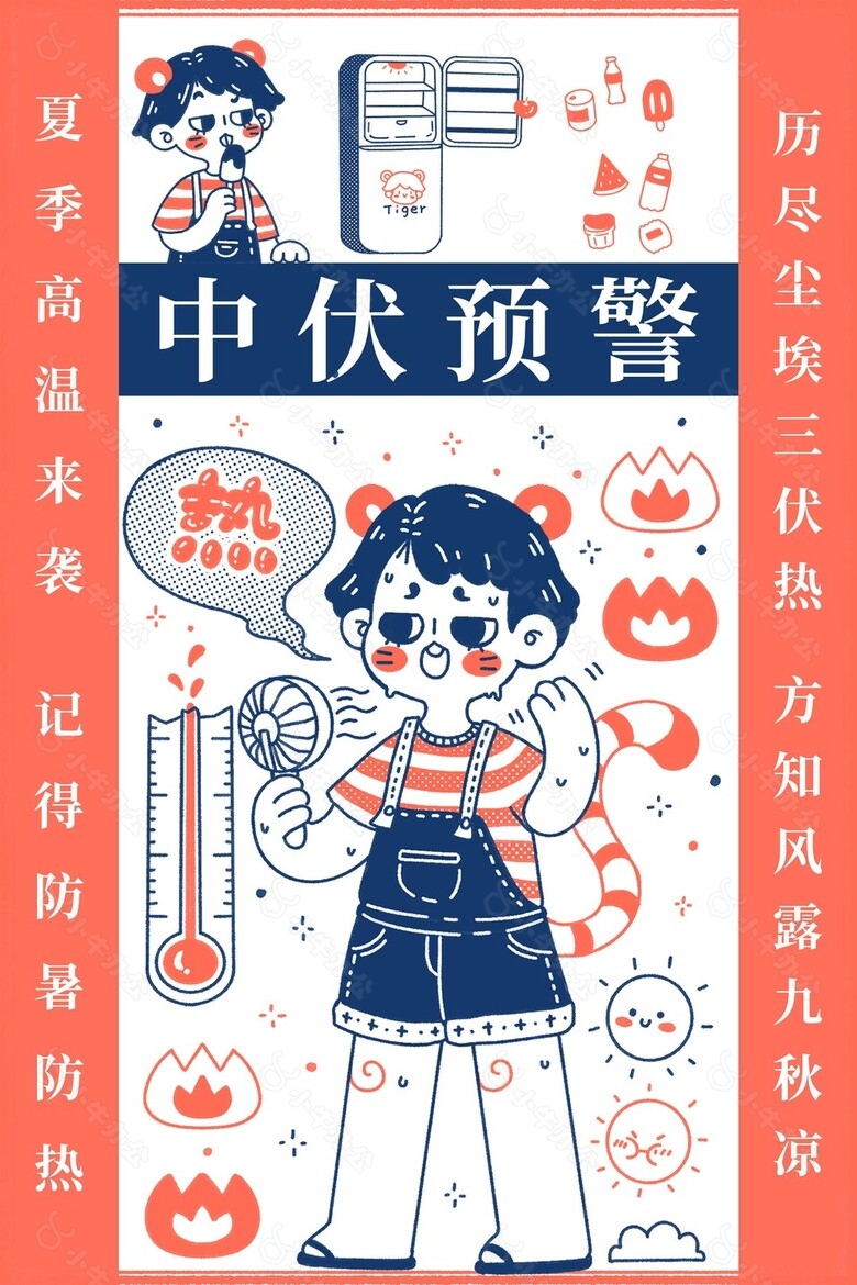 中伏预警夏季高温创意漫画风海报