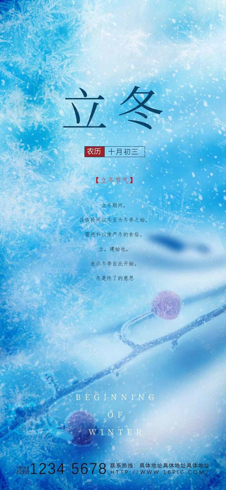 蓝色大气雪花纹传统立冬节气宣传海报