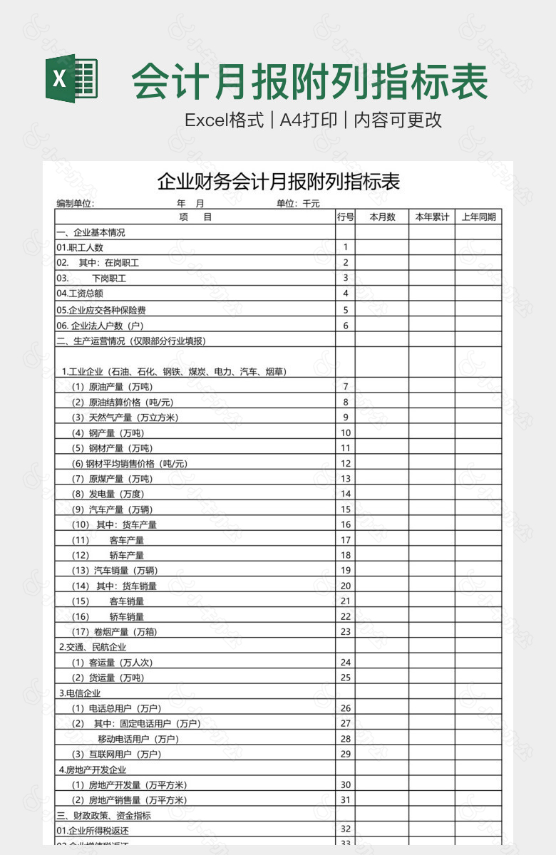 会计月报附列指标表