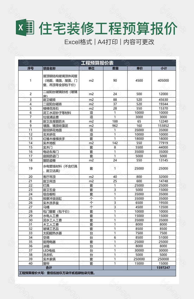 住宅装修工程预算报价表