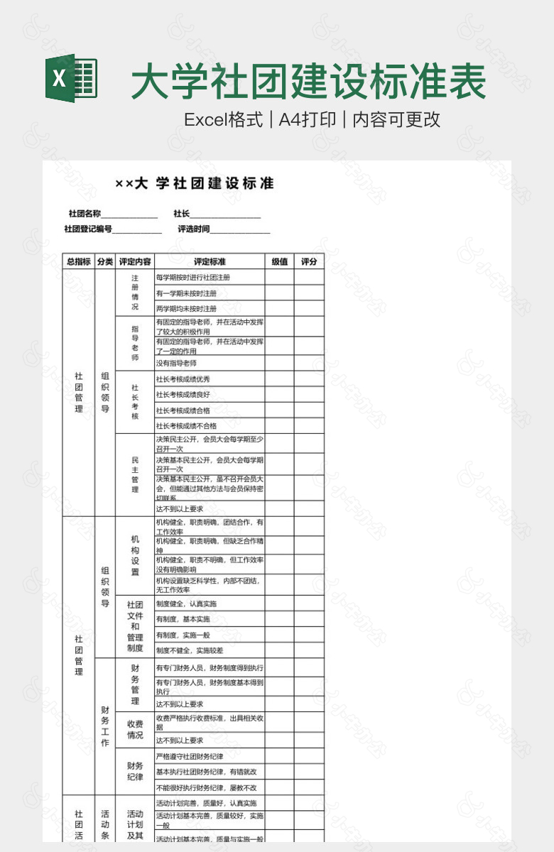 大学社团建设标准表