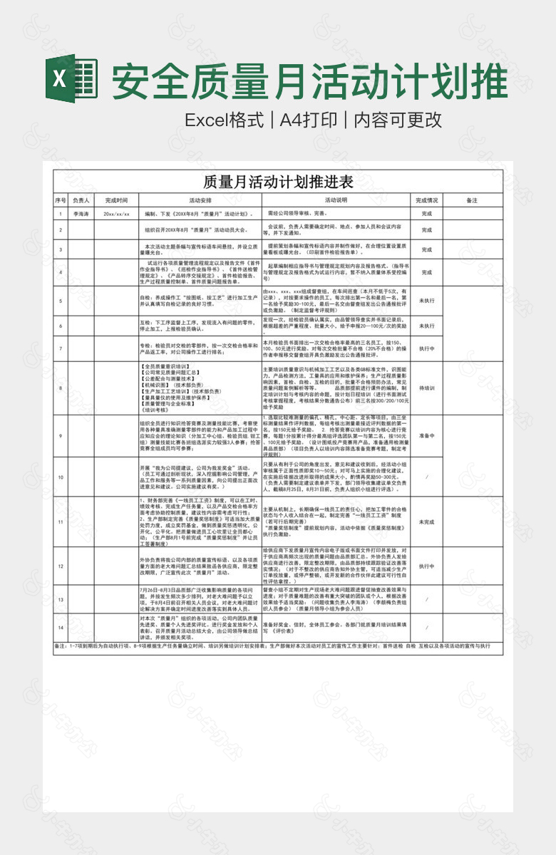 安全质量月活动计划推进表