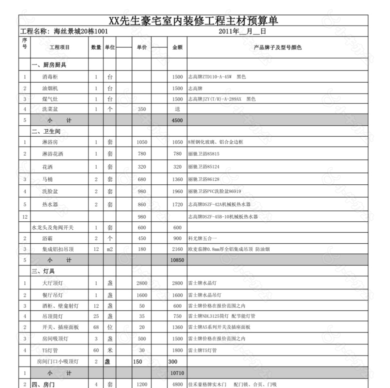 室内装修主材报价表no.2