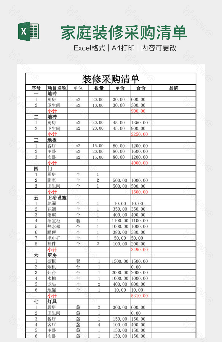 家庭装修采购清单