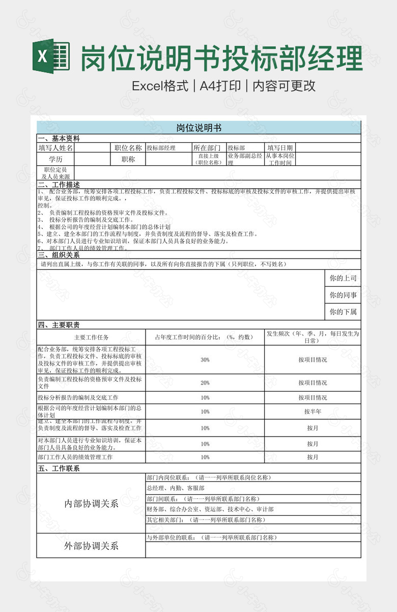 岗位说明书投标部经理