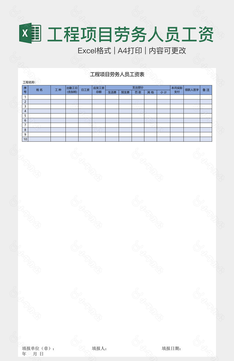 工程项目劳务人员工资表