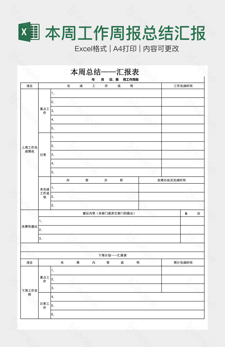 本周工作周报总结汇报表