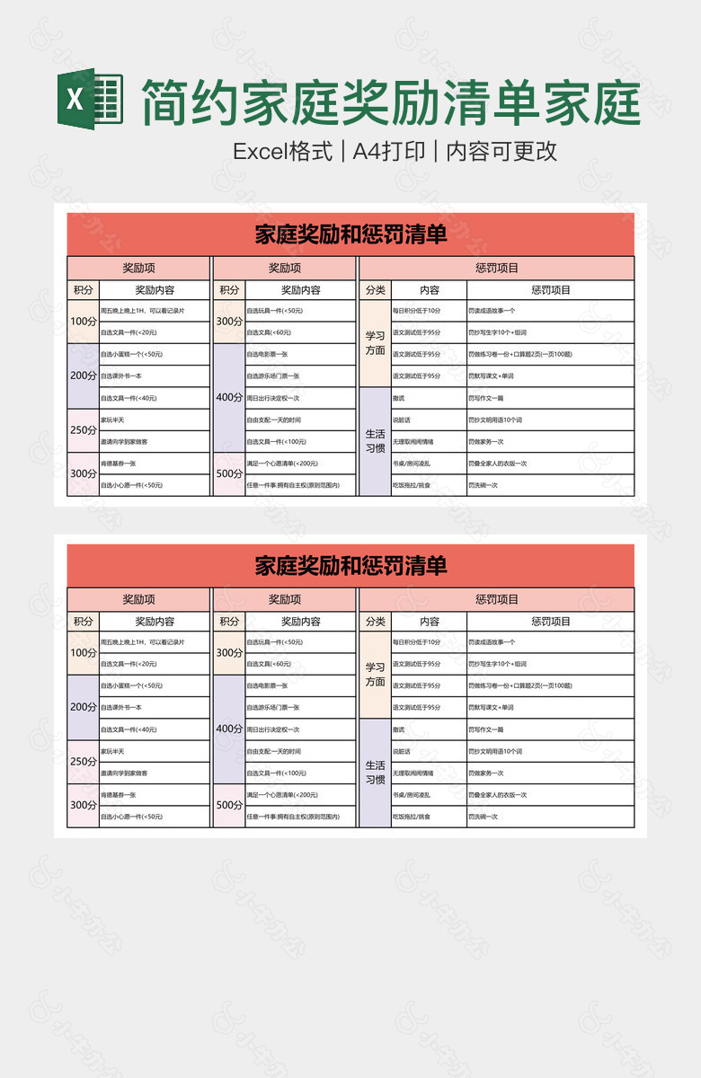 简约家庭奖励清单家庭惩罚清单