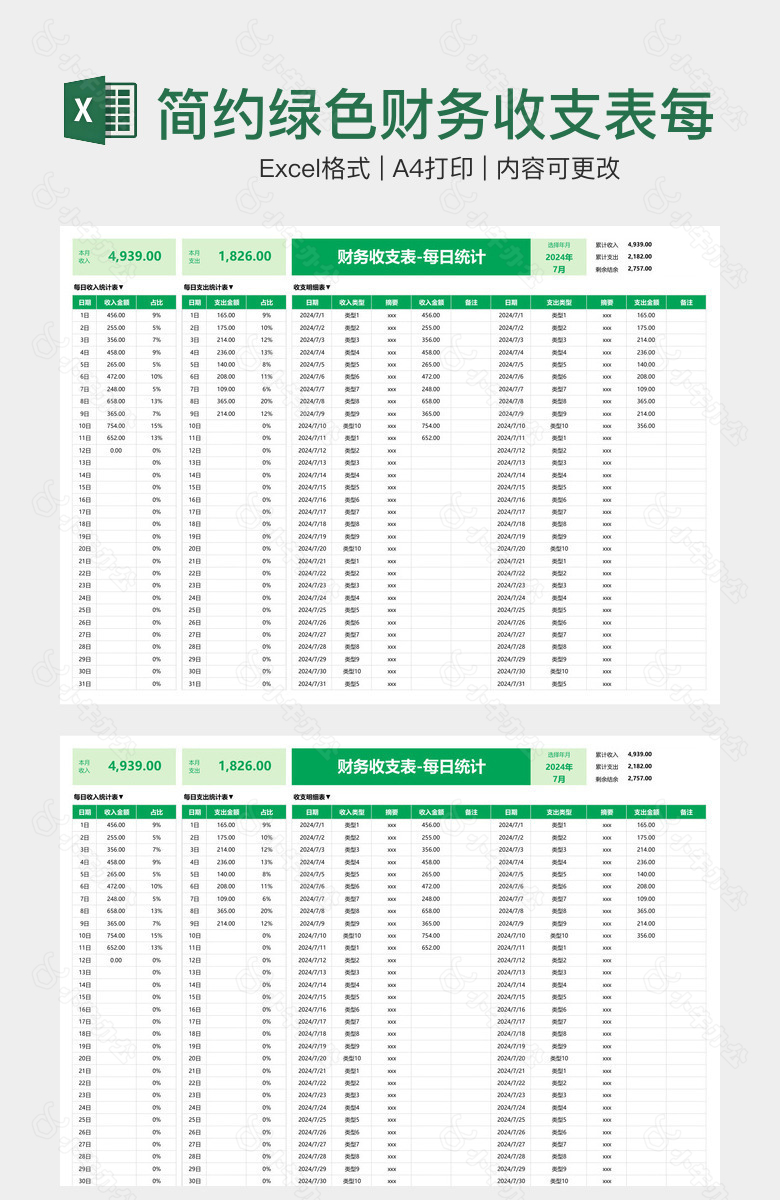 简约绿色财务收支表每日统计