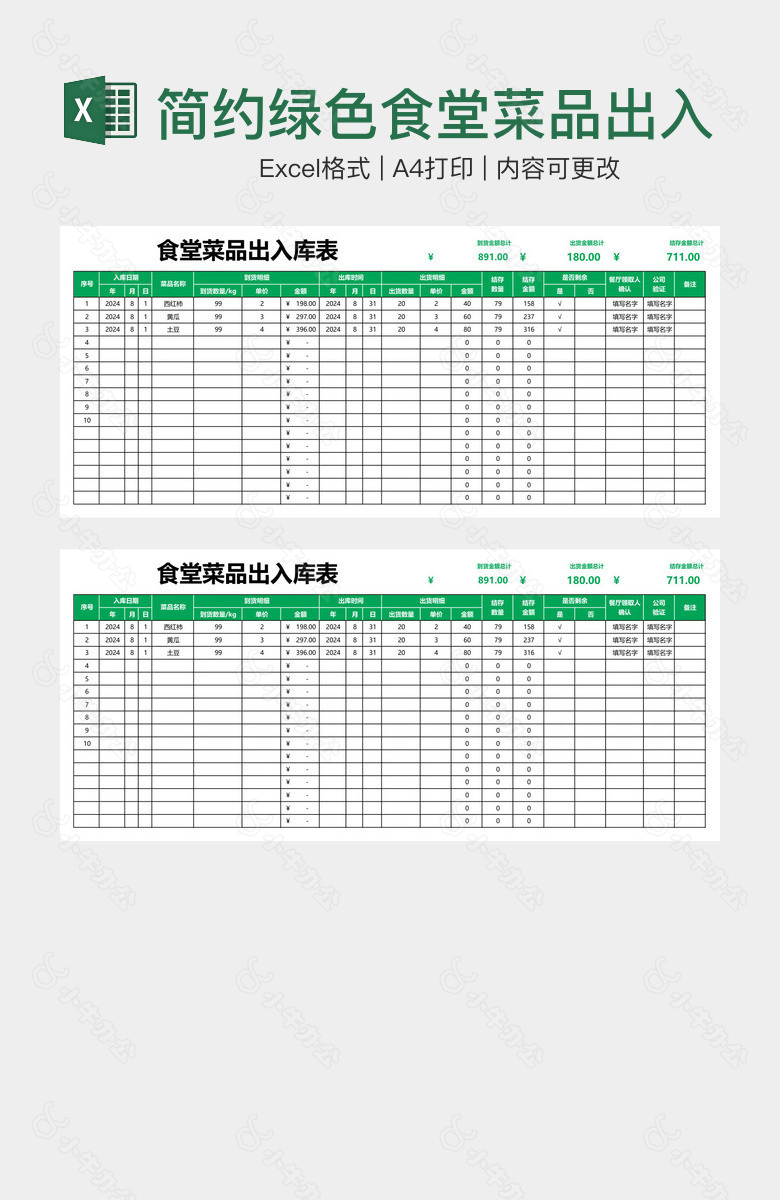 简约绿色食堂菜品出入库表