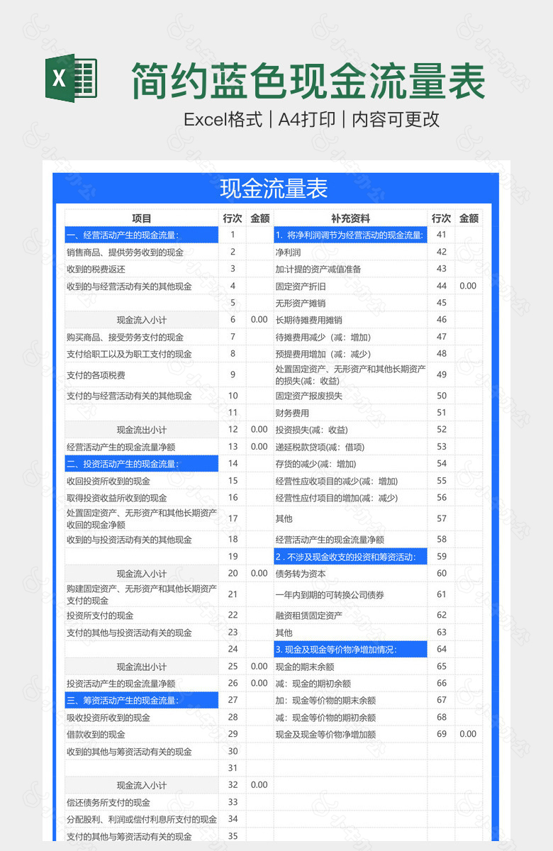 简约蓝色现金流量表