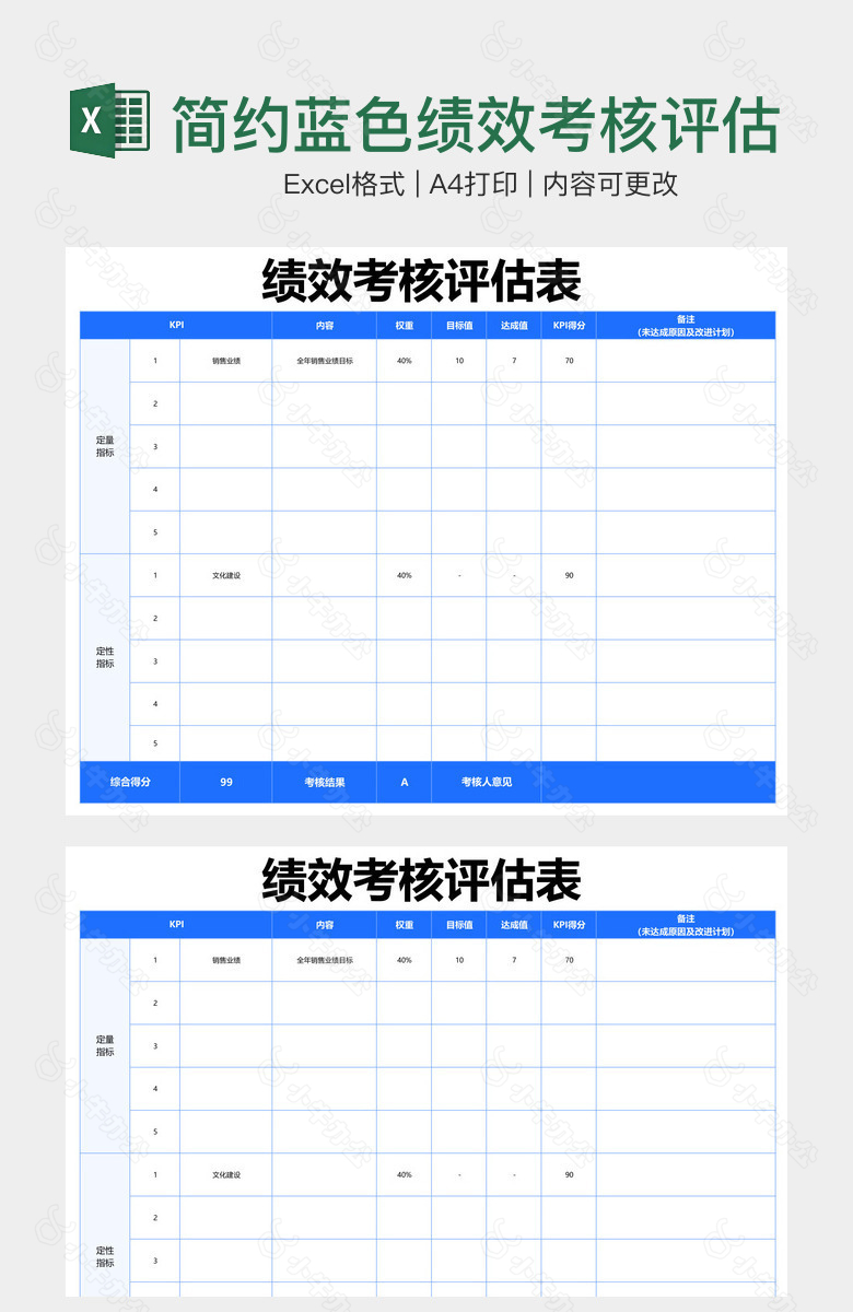 简约蓝色绩效考核评估表