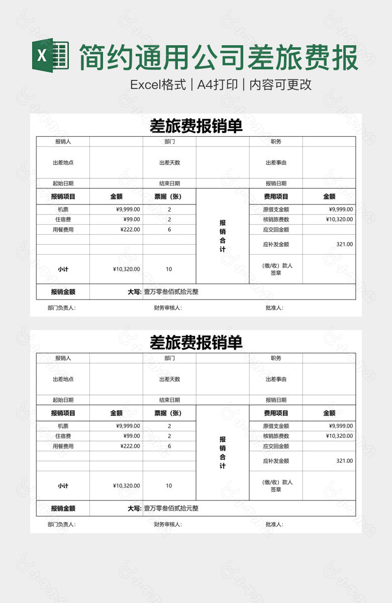 简约通用公司差旅费报销单