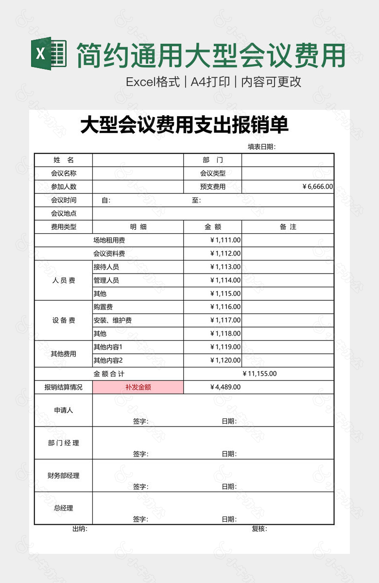 简约通用大型会议费用支出报销单