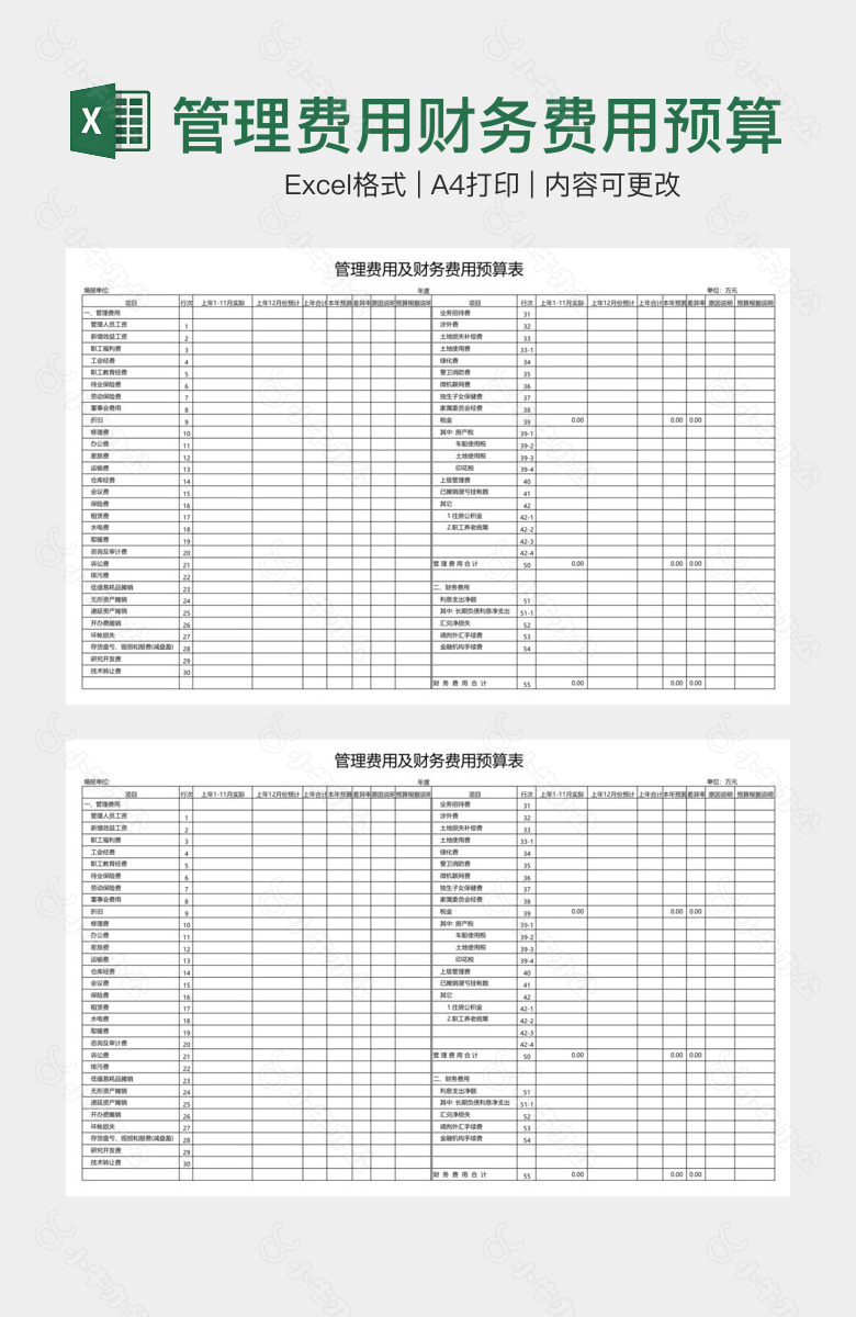 管理费用财务费用预算表