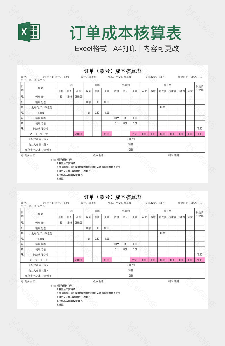 订单成本核算表