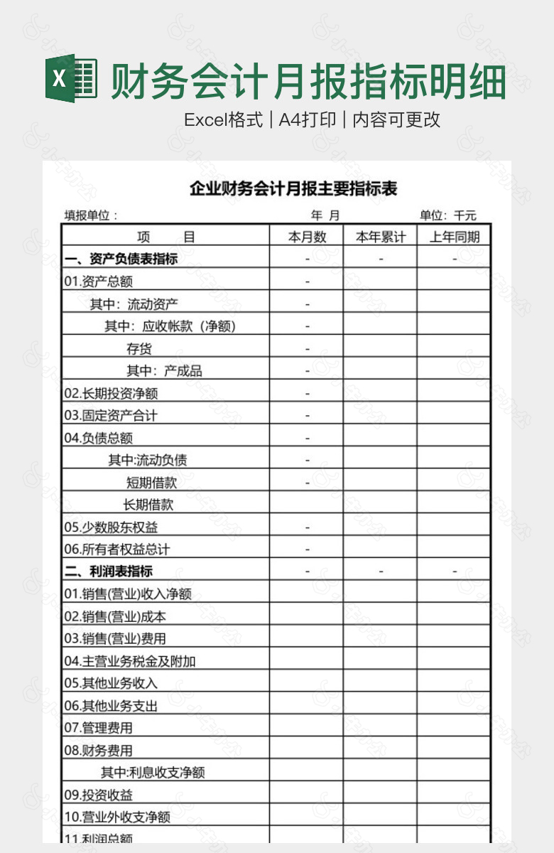 财务会计月报指标明细表