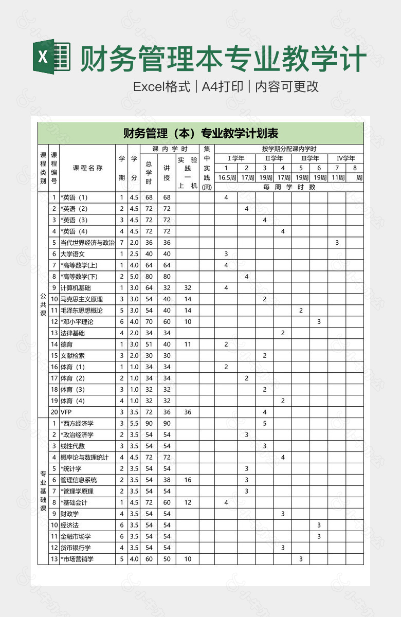 财务管理本专业教学计划表