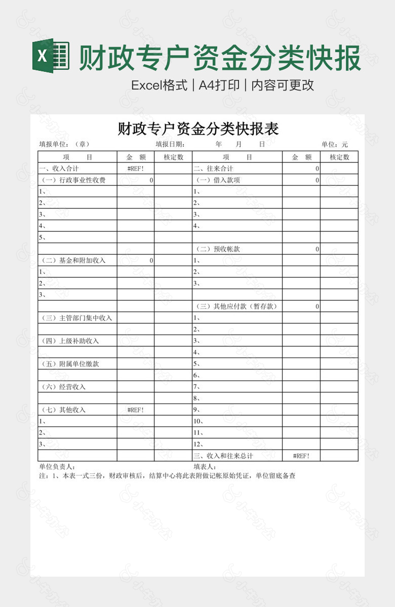 财政专户资金分类快报表