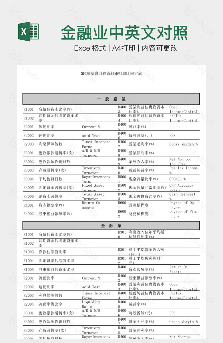 金融业中英文对照