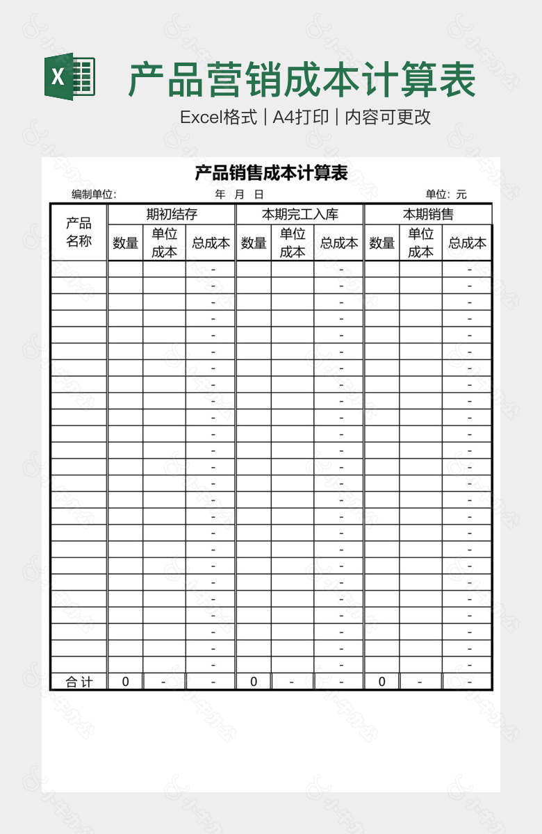 产品营销成本计算表