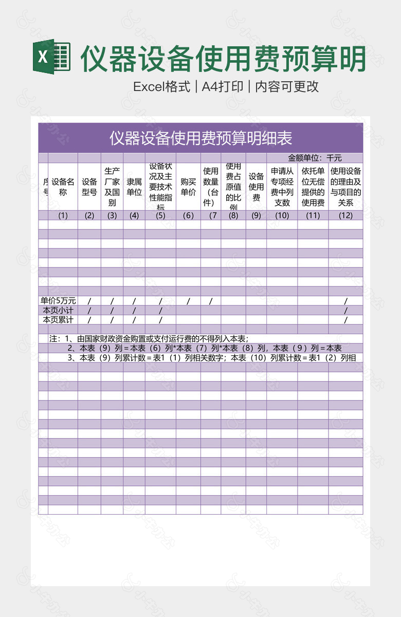 仪器设备使用费预算明细表