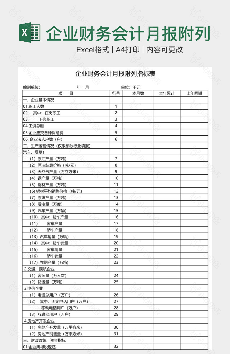 企业财务会计月报附列指标表