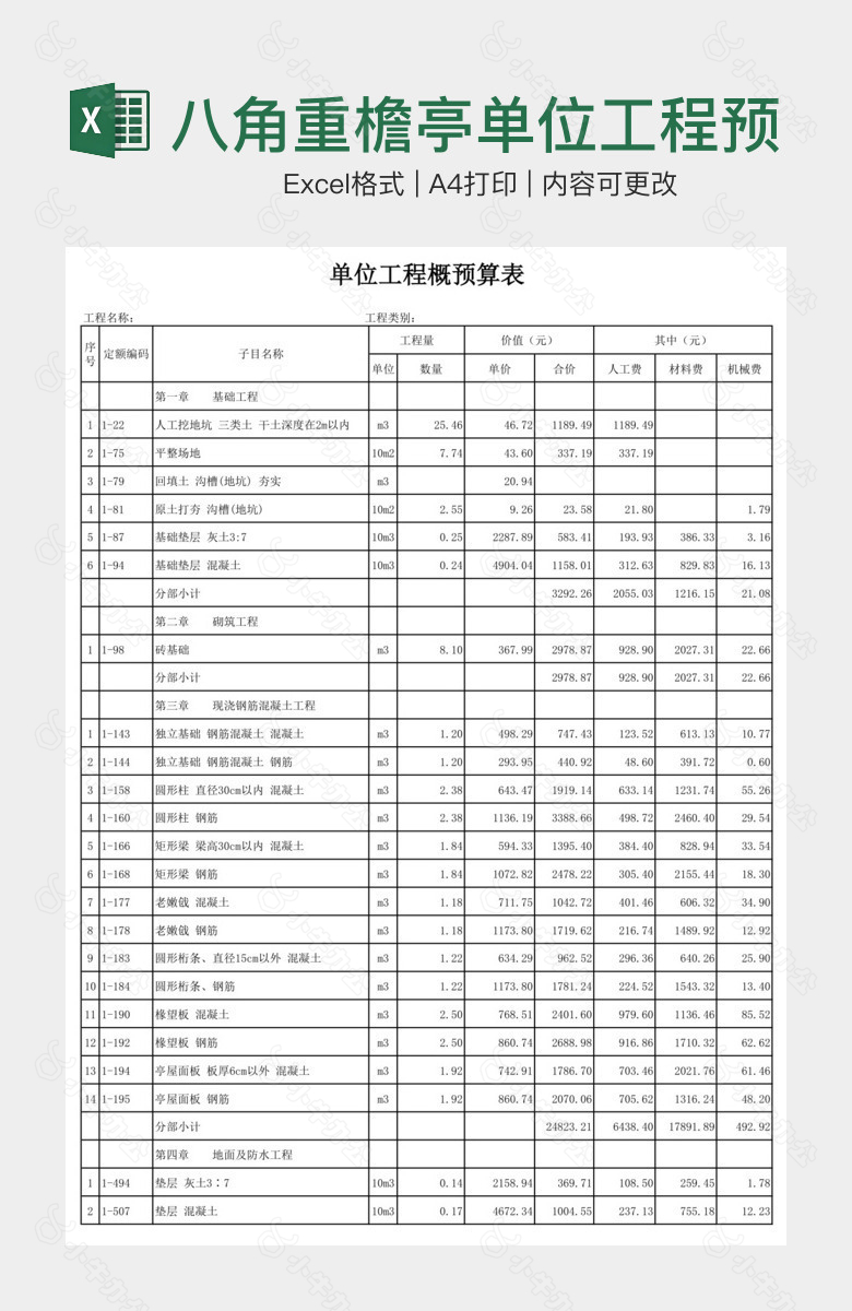 八角重檐亭单位工程预算表