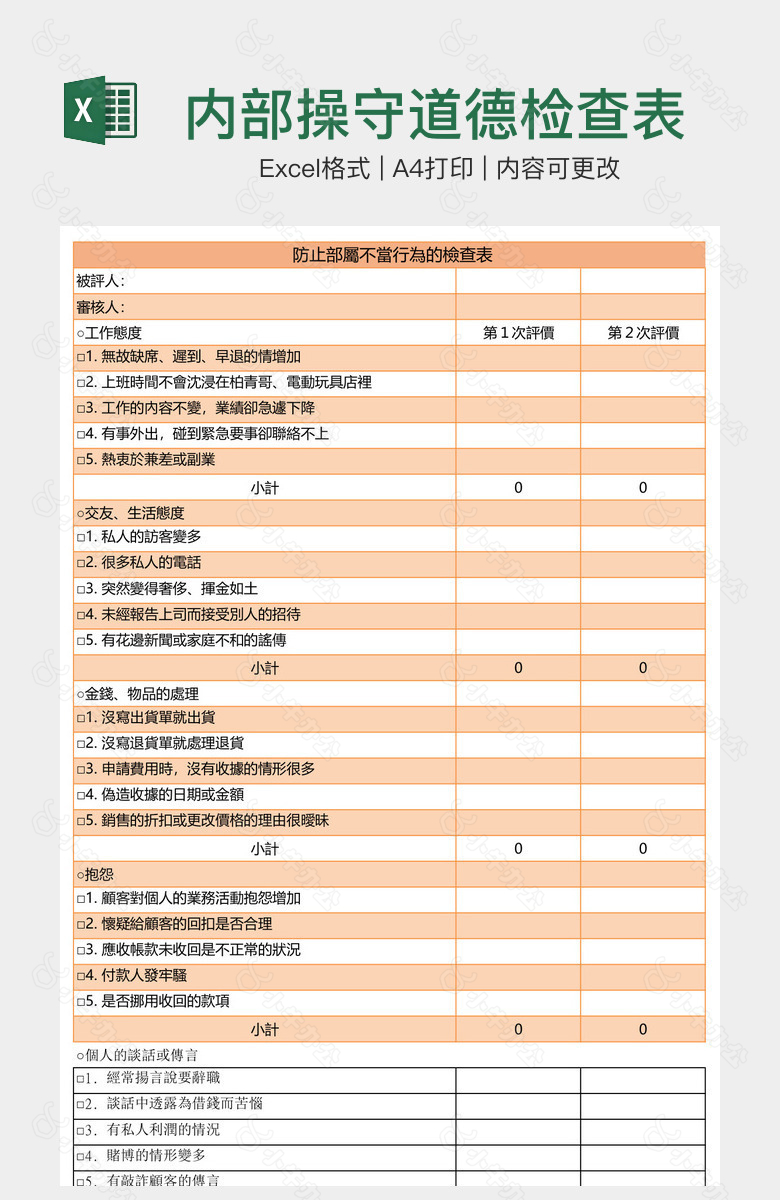 内部操守道德检查表