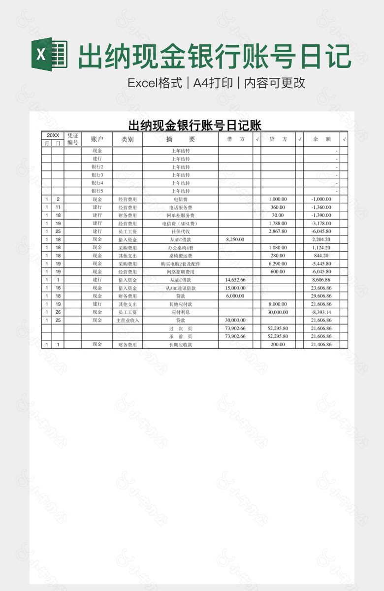 出纳现金银行账号日记账