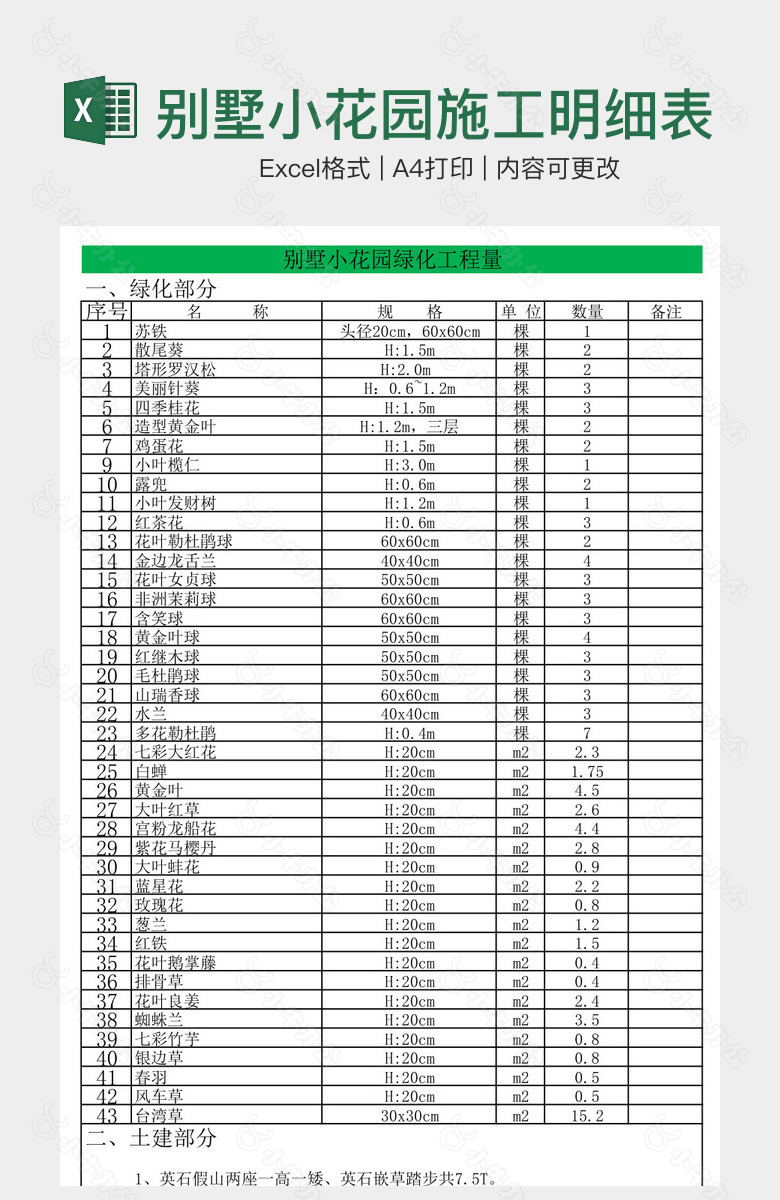 别墅小花园施工明细表