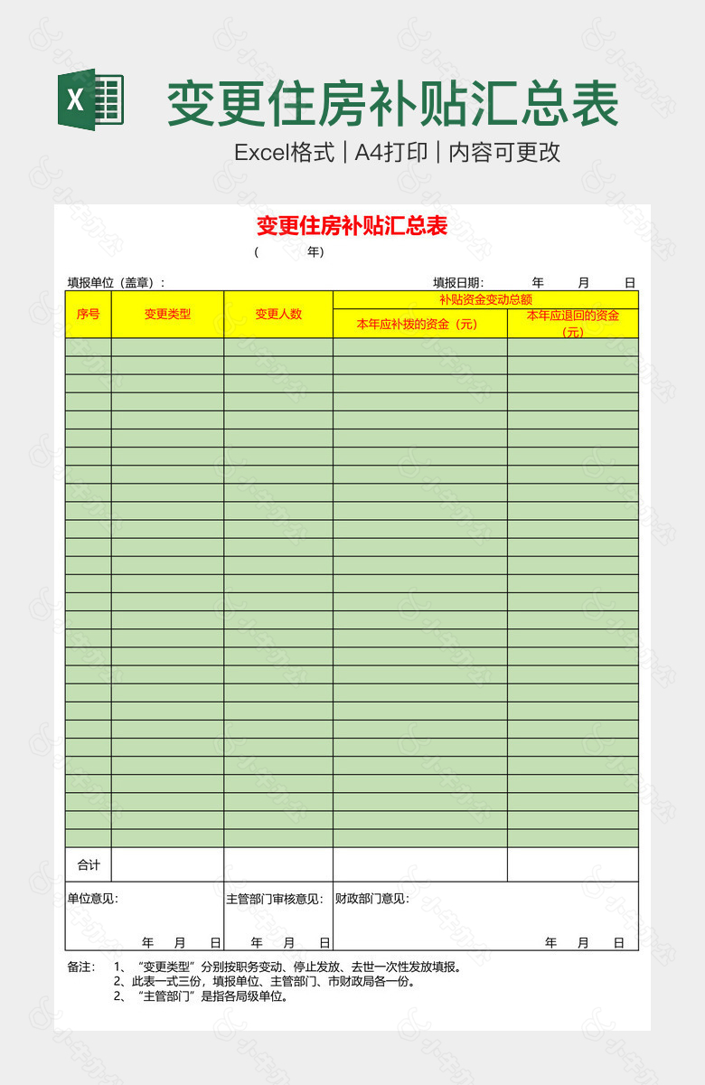 变更住房补贴汇总表