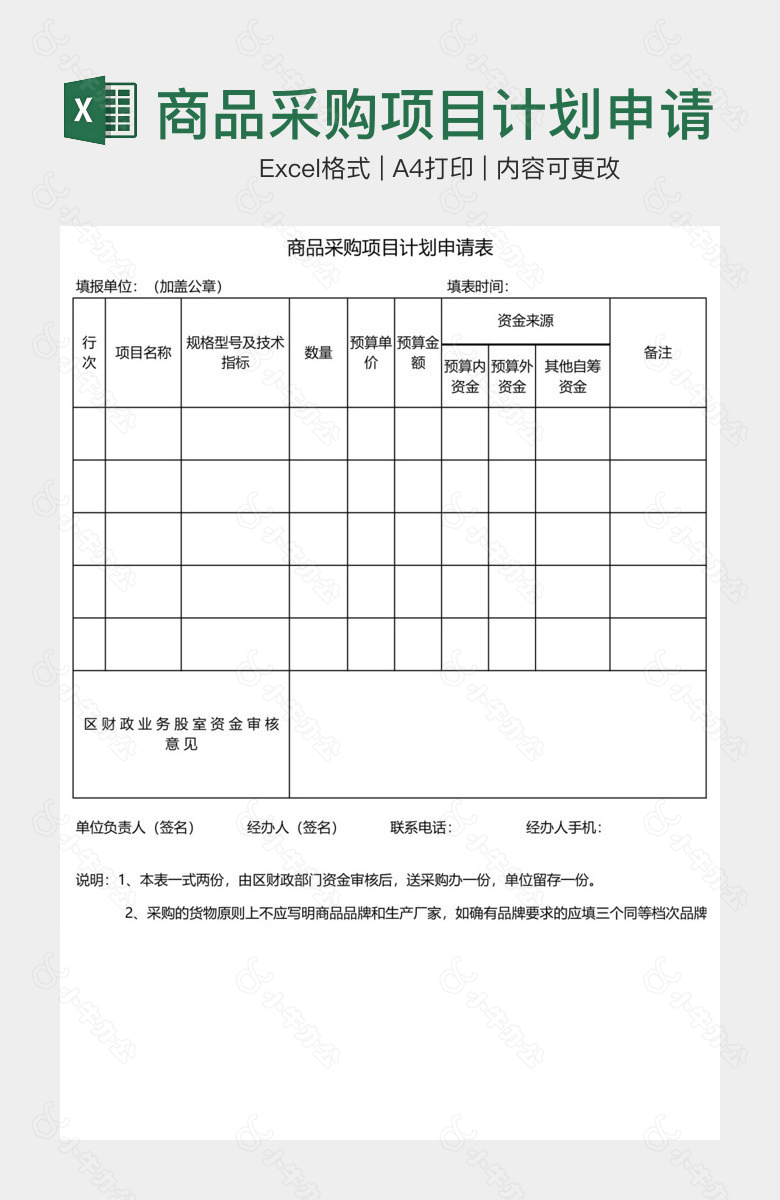 商品采购项目计划申请表