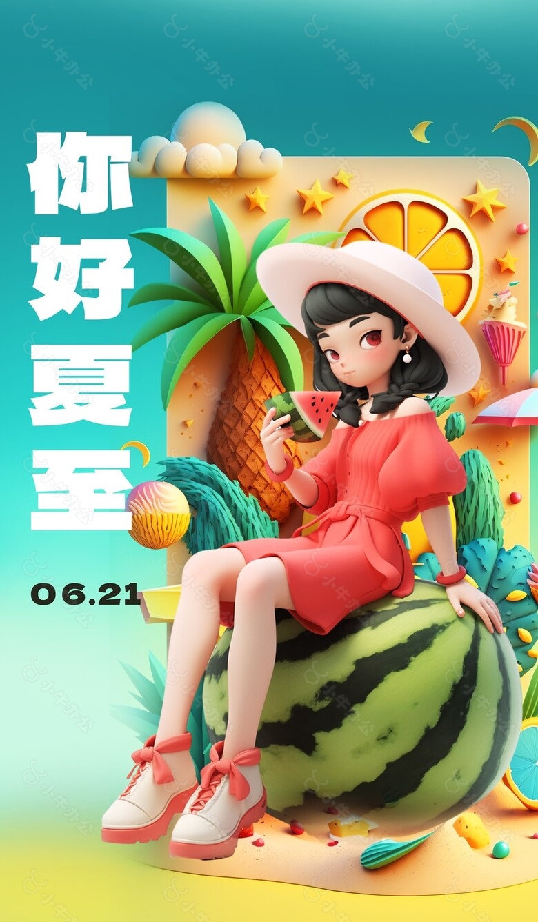 你好夏至趣味女孩西瓜夏日元素海报