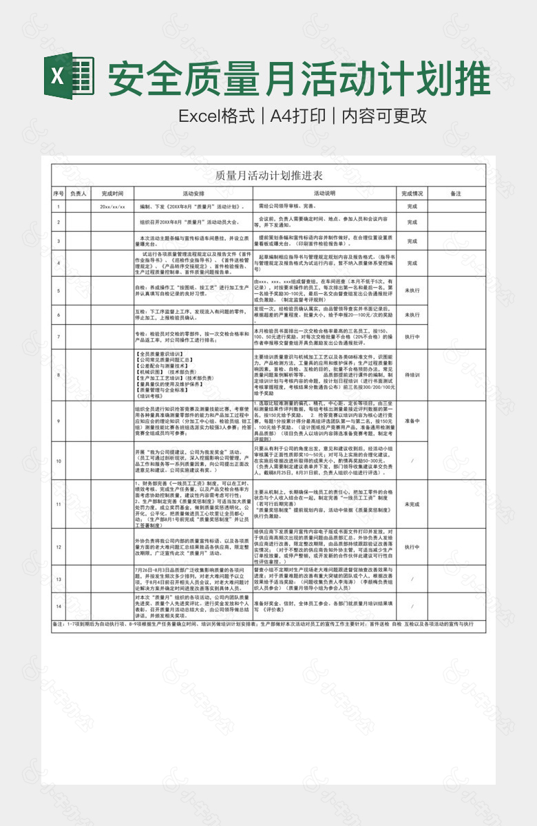 安全质量月活动计划推进表