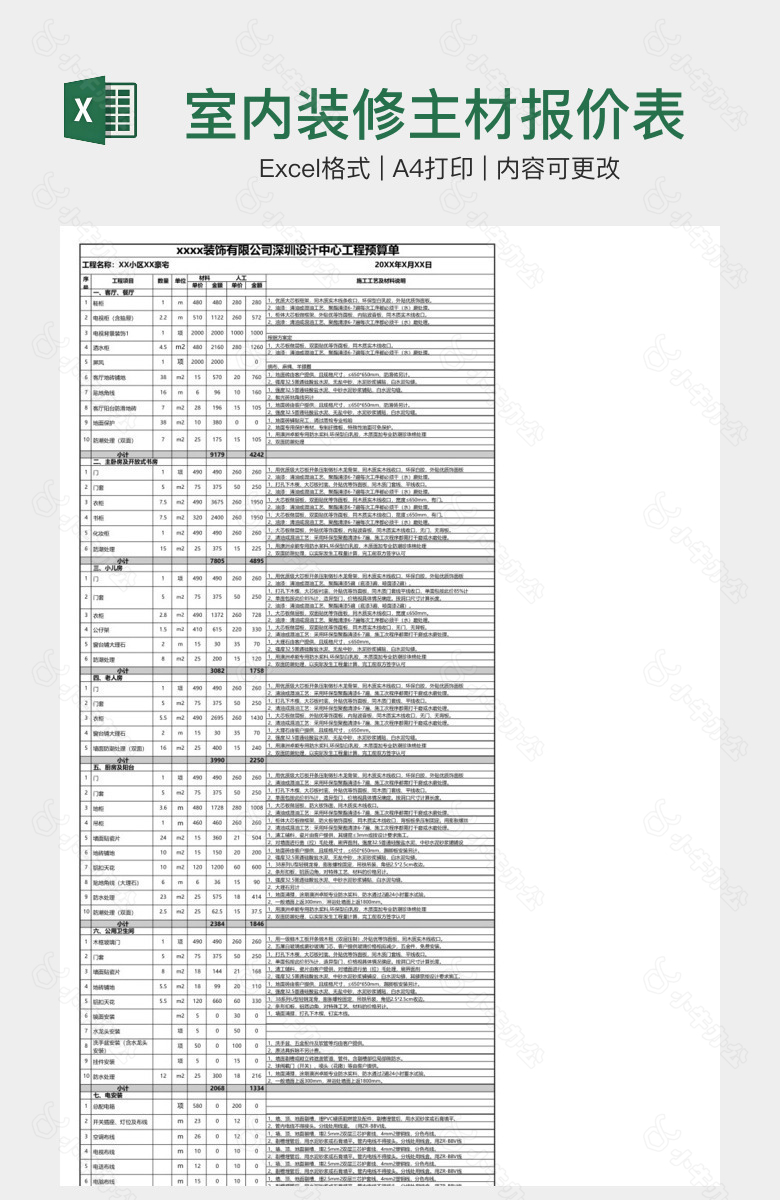 室内装修主材报价表