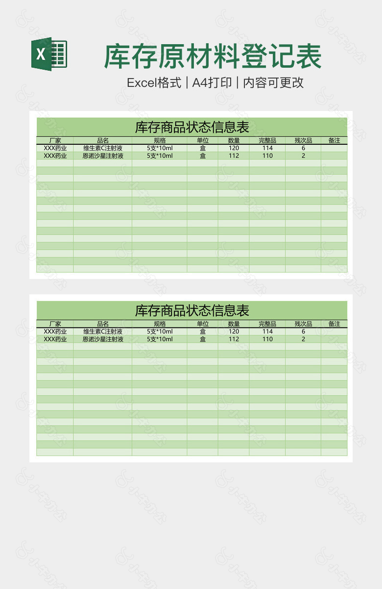 库存原材料登记表