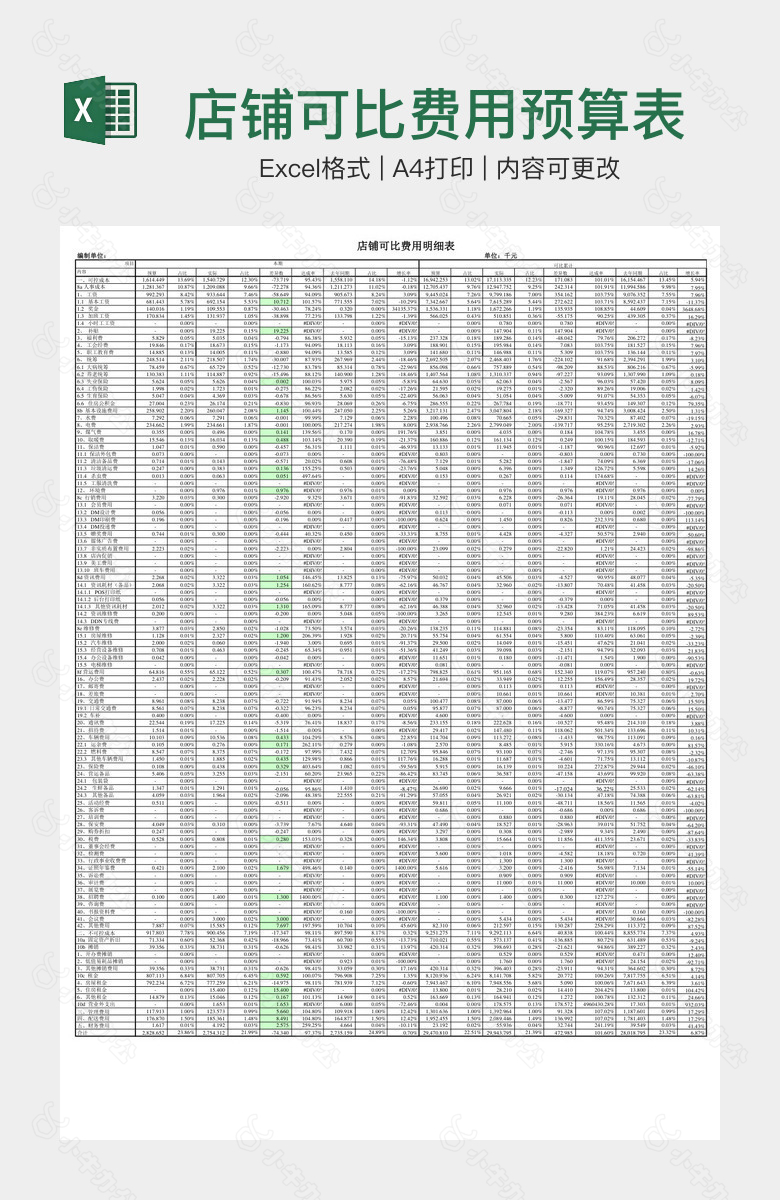 店铺可比费用预算表