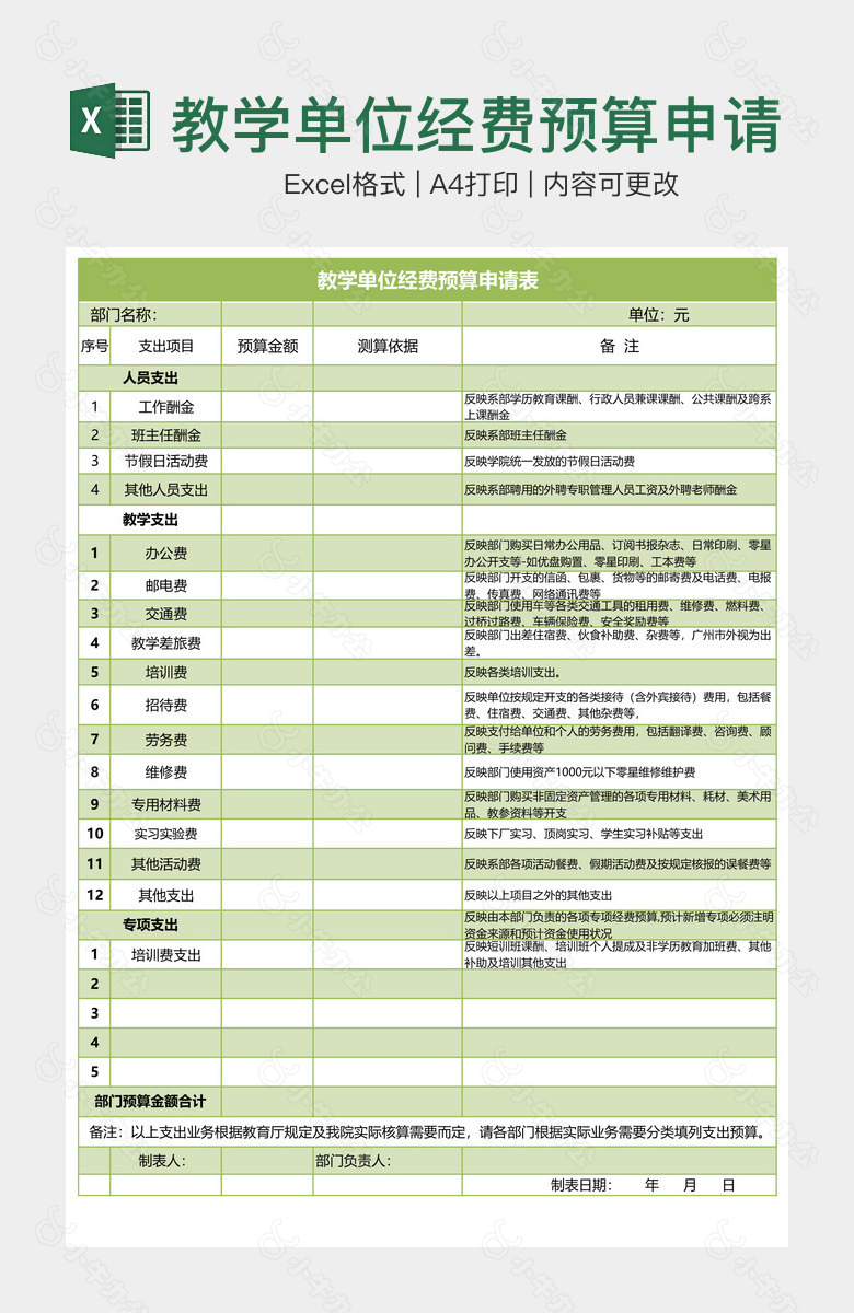 教学单位经费预算申请表