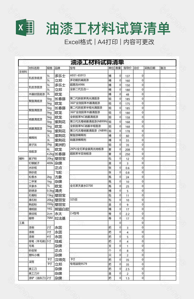 油漆工材料试算清单