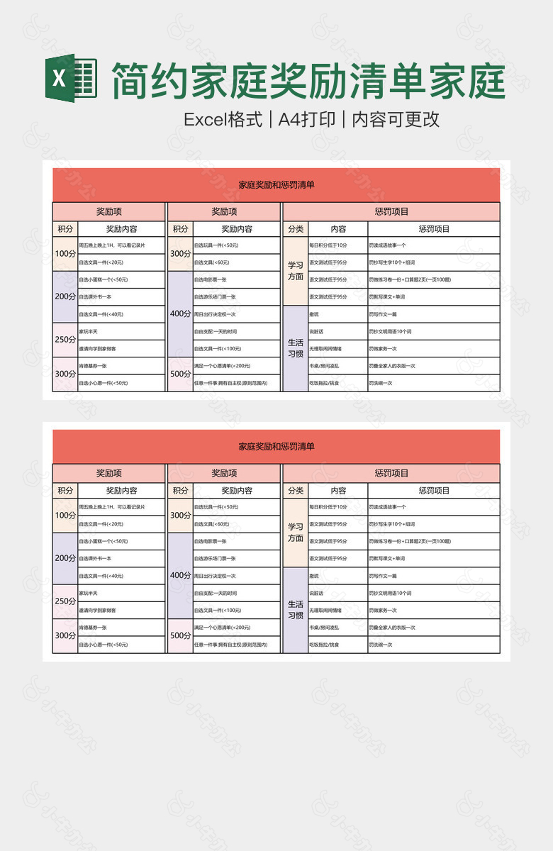 简约家庭奖励清单家庭惩罚清单