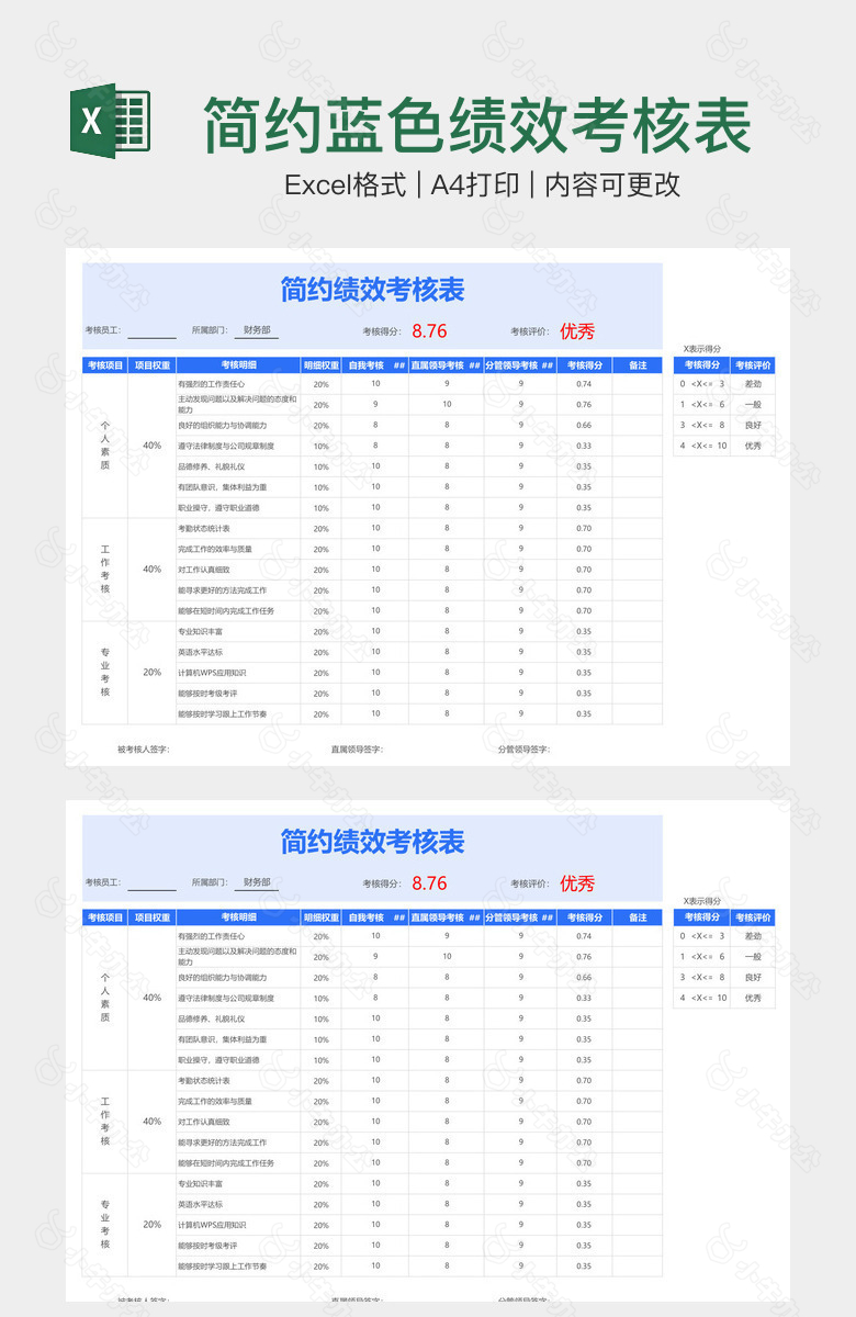 简约蓝色绩效考核表