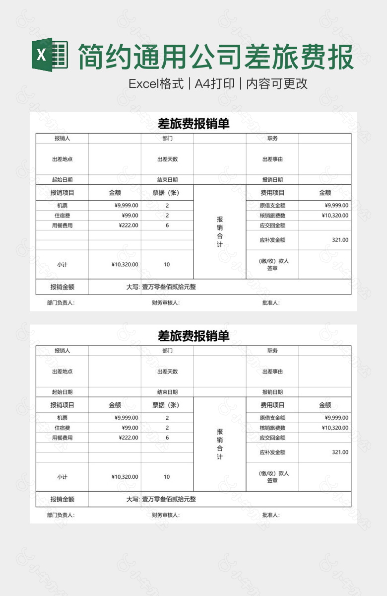 简约通用公司差旅费报销单